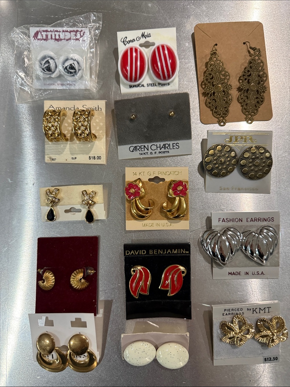 Lot of 12 Pierced Earrings on Card Amanda Smith Hoops, Coro Moia Lucite, GF Post